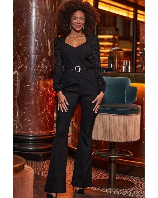 Sosandar Black Floral Sleeve Tailored Jumpsuit