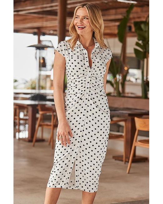 Sosandar Brown Spot Print Ruched Front Dress