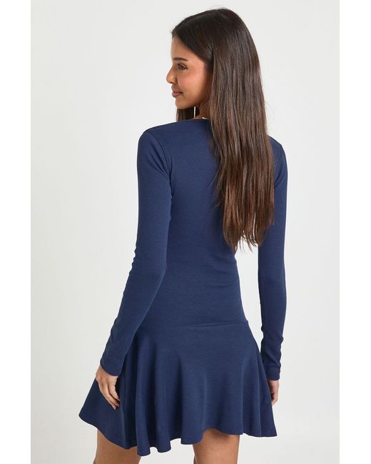 Boohoo Blue Rib Dropped Hem Skater Dress