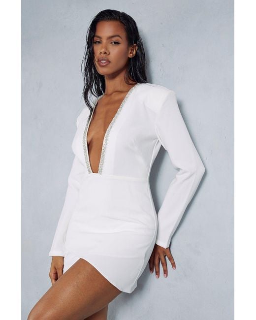 MissPap White Diamante Trim Plunge Ruched Skirt Long Sleeve Mini Dress