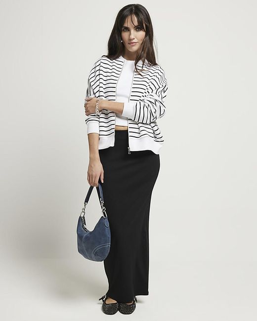 River Island White Black Stripe Zip Up Bomber Sweatshirt