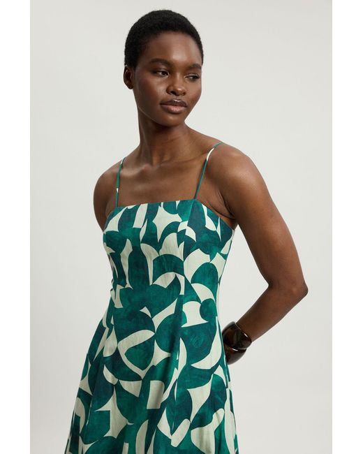 Karen Millen Green Petite Linen Geo Print Woven Maxi Prom Dress