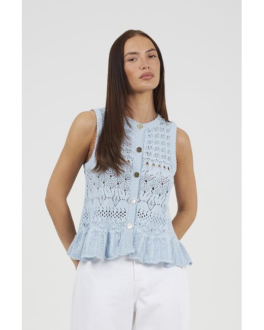 Brave Soul Blue Pointelle Knit Waistcoat With Frill Hem