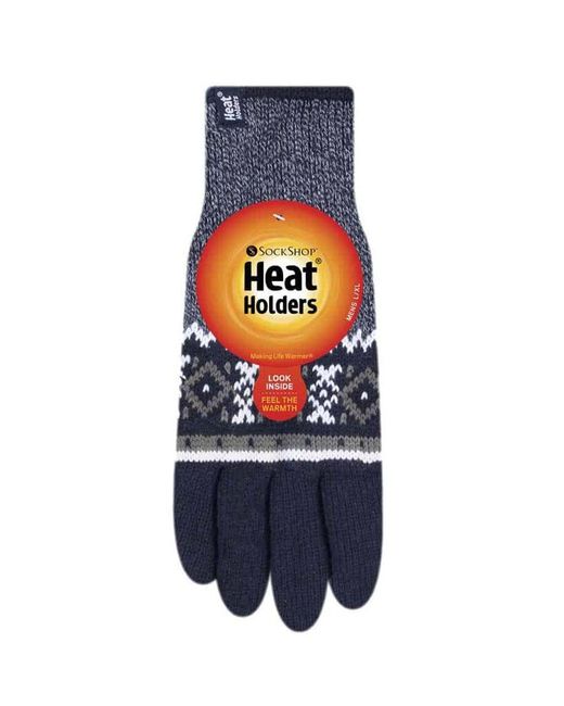 Heat Holders Blue Striped Nordic Fairisle Zig Zag Knitted Fleece Lined Warm Gloves for men