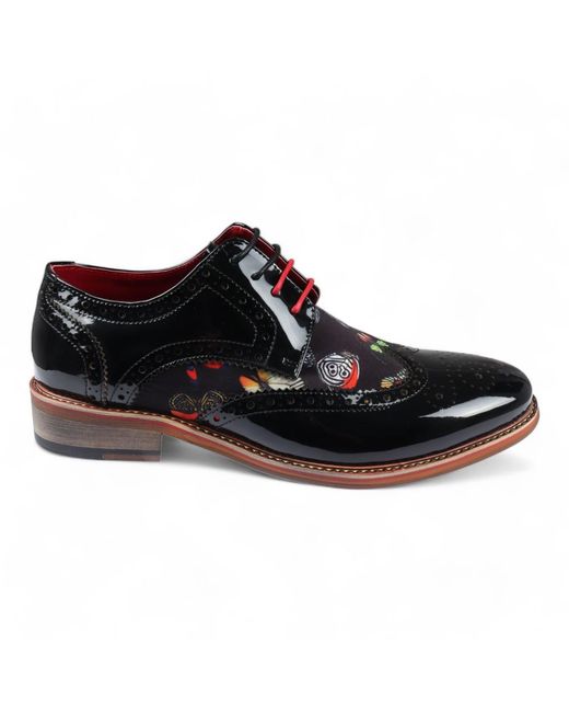 Justin Reess Black Butterfly Print Patent Leather Brogue Shoes for men