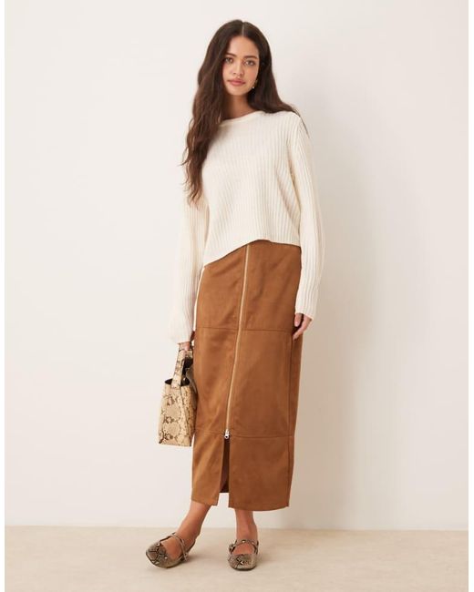 ASOS Natural Zip Detail Faux Suede Maxi Skirt