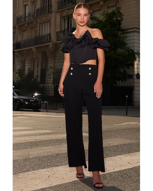 Quiz Black Diamante Button Palazzo Trousers