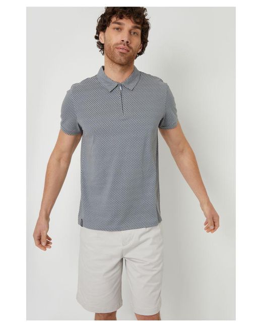 Threadbare Gray 'Dion' Geometric Print Zip Collar Cotton Jersey Polo Shirt for men