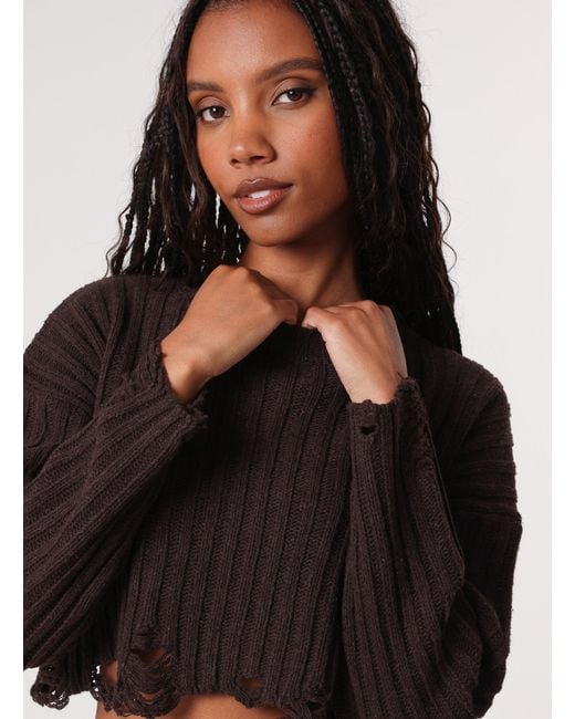 Pink Vanilla Brown Distressed Crop Knit Jumper