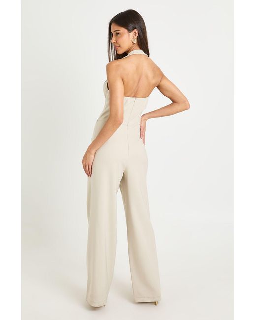 Boohoo Natural Crepe Button Wrap Front Jumpsuit