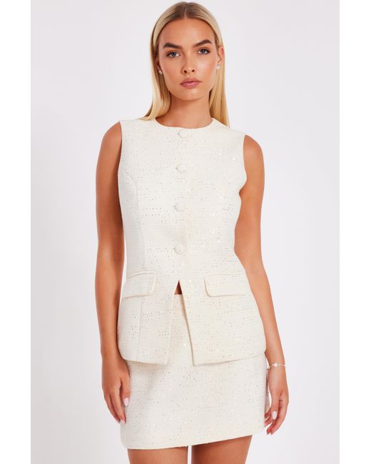 Quiz White Boucle Sequin Waistcoat