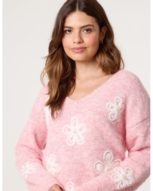 Blue Vanilla Pink V Neck Flower And Pearl Jumper