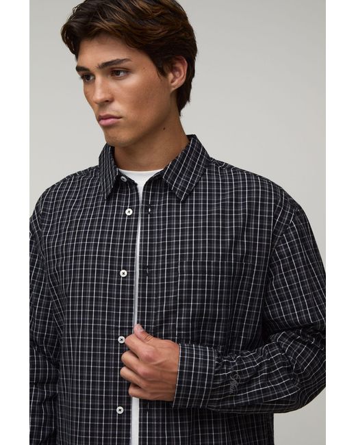 BoohooMAN Blue Oversized Boxy Midi Grid Long Sleeve Check Shirt for men