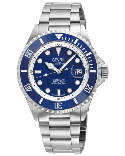 Gevril Blue Wall Street Swiss Automatic Watch, Ss Case, Dark Bezel, Enamel Dial, Ss Satin And Polished Bracelet for men