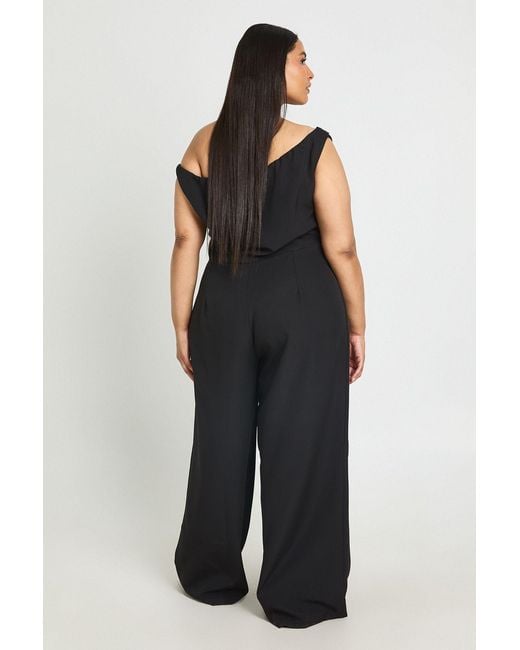 Boohoo Blue Plus Drape Bardot Wide Leg Jumpsuit