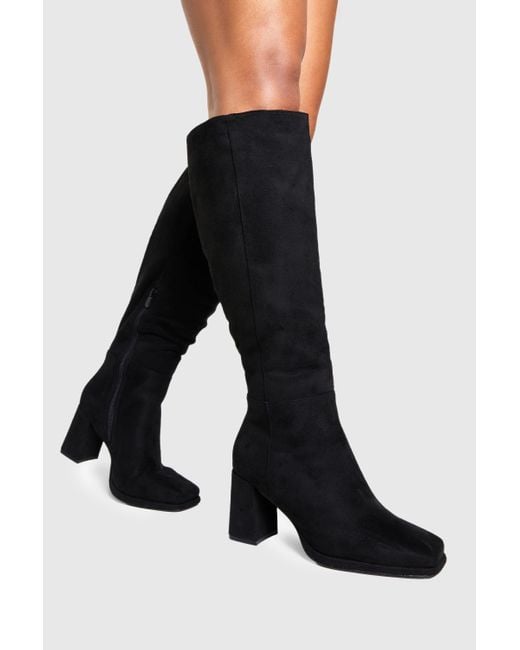Boohoo Black Suede Boots Wide Fit Wide Fit Faux Suede Stretch Knee