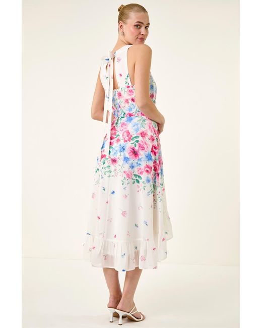 Roman Pink Floral Print High Low Midi Dress