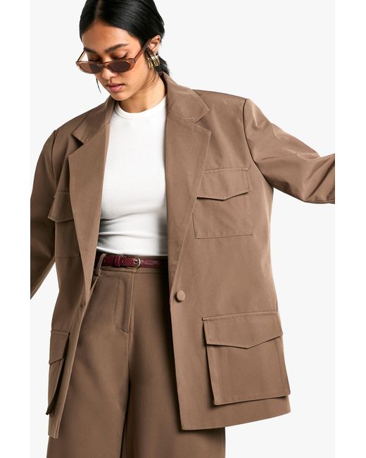 Boohoo Brown Woven Tailored Oversized Pocket Detail Blazer