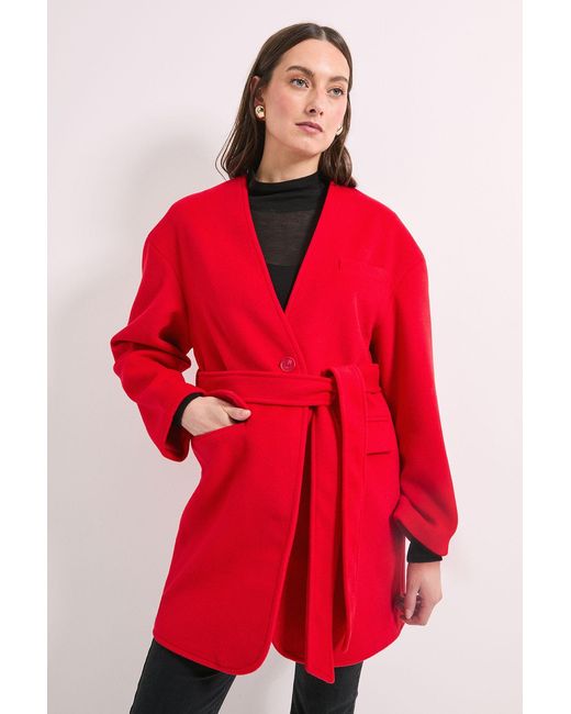 Wallis Red Principles By Collarless Belted Wrap Coat
