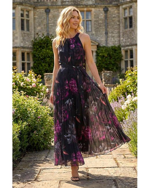 Roman Purple Floral Pleated Halter Neck Maxi Dress