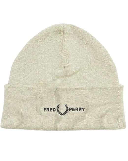 Fred Perry Green Graphic Logo Light Oyster Cream Beanie for men