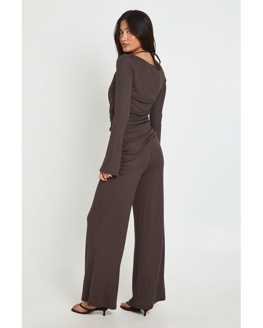 Boohoo Blue Rib Double Layer Long Sleeve Asymmetric Top