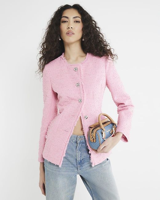 River Island Pink Jacket Collarless Boucle