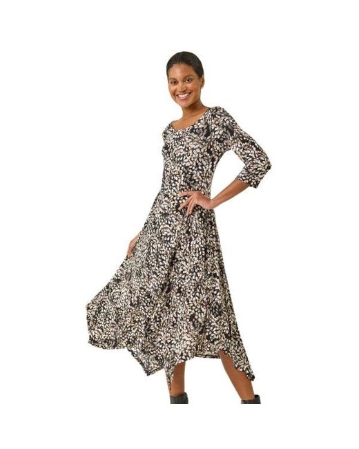 Roman Brown Printed Hanky Hem Stretch Midi Dress