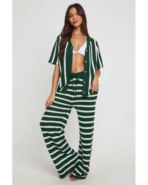 Boohoo Green Chunky Stripe Crochet Oversized Shirt And Trouser Co-Ord