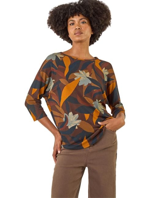 Roman Multicolor Floral Print Curved Hem Top