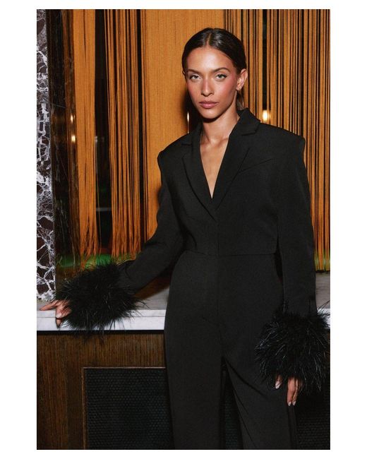 Warehouse Black Feather Cuff Tailored Jumpsuit
