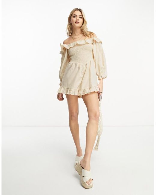 ASOS Natural Linen Look Shirred Bodice Playsuit With Bardot Long Sleeve