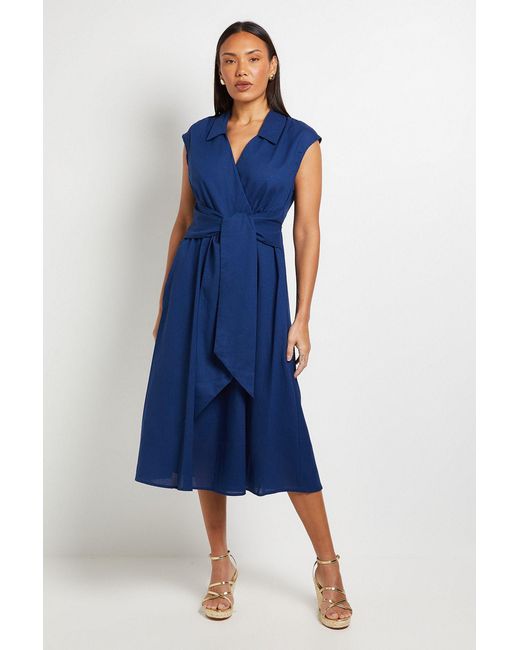 Wallis Blue Linen Blend Belted Midi Dress