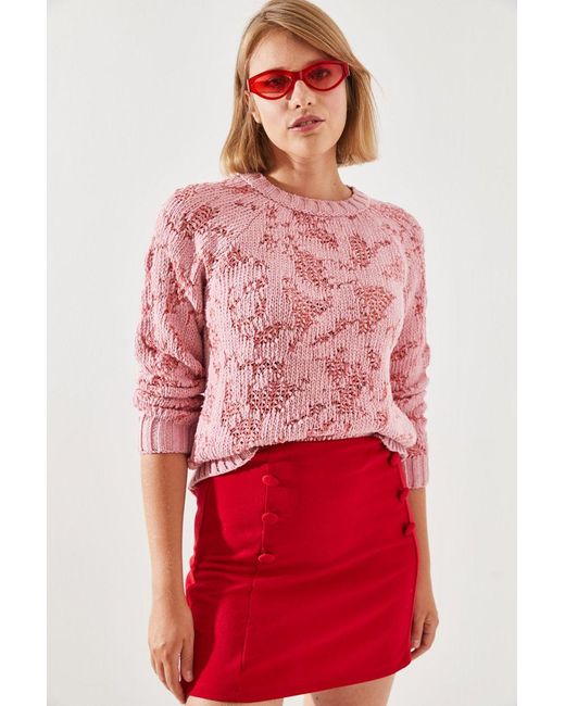 Bianco Lucci Red Abstract Knitwear Sweater With Ribbed Details