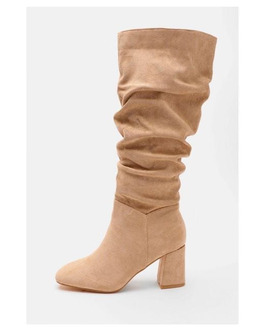 Quiz Natural Faux Suede Ruched Heeled Boots
