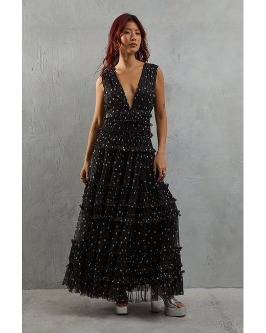 Warehouse Gray Tulle Spot Sleeveless Plunge Neck Gathered Waist Tier Maxi Dress
