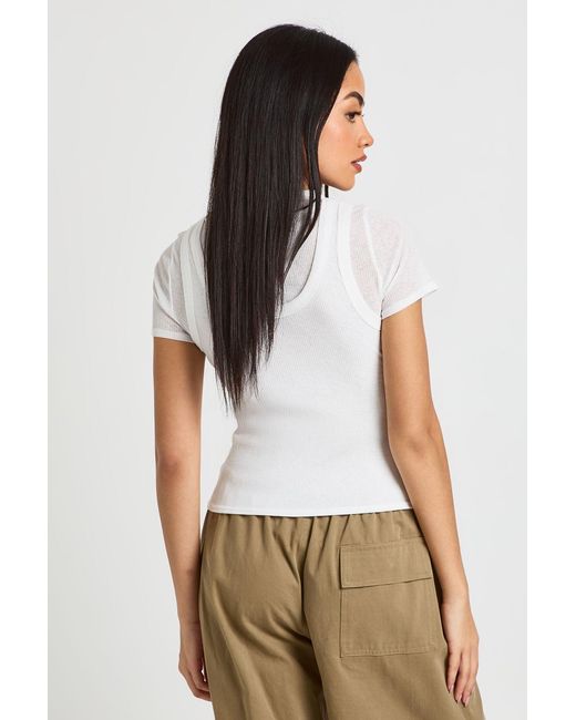 Boohoo White Sherred Textured Rib Double Layered Top
