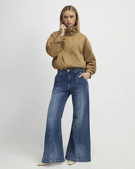 River Island Blue Flared Jeans Petite High Rise Snaffle Cotton