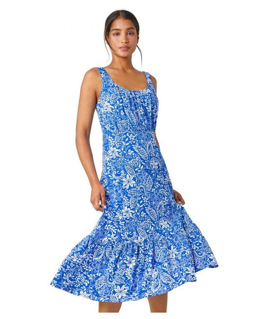 Roman Blue Floral Frill Hem Stretch Midi Dress