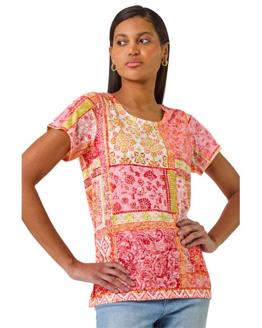 Roman Pink Contrast Print Stretch Top