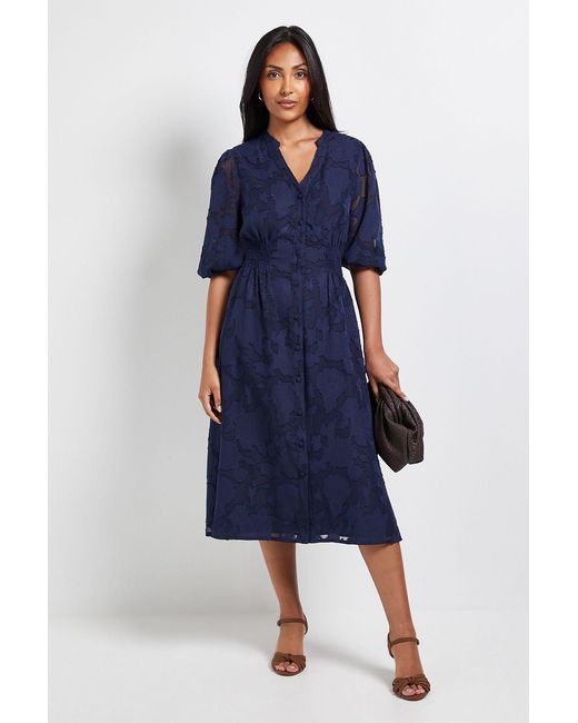 Wallis Blue Petite Floral Jacquard Button Midi Dress