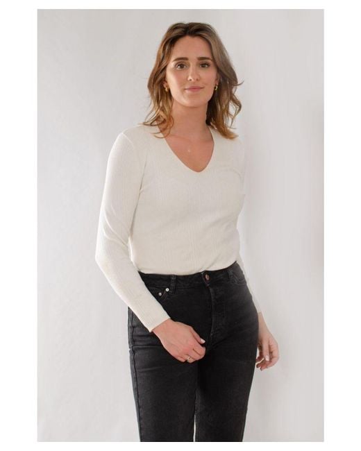 Secret Label White Ribbed V Neck Top