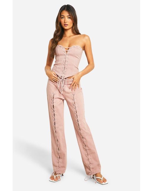 Boohoo White Lace Up Detail Straight Leg Jeans Cotton