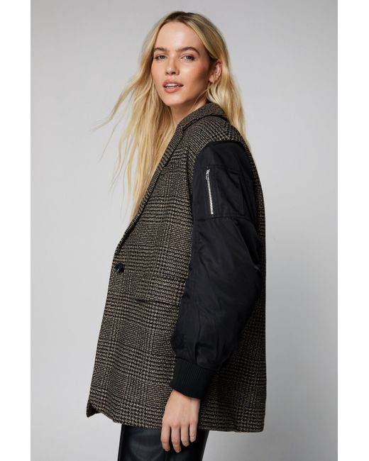 Nasty Gal Black Wool Blend Hybrid Tailored Plaid Bomber Jacket