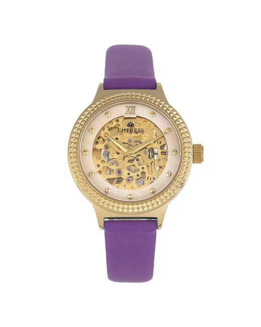 Empress Metallic Alice Automatic Mop Skeleton Dial Leather-Band Watch
