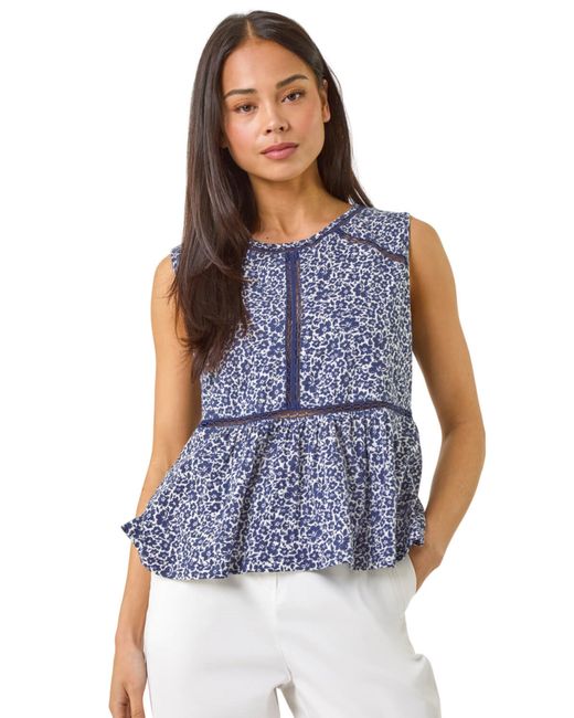 Roman Blue Petite Floral Print Trim Vest Top