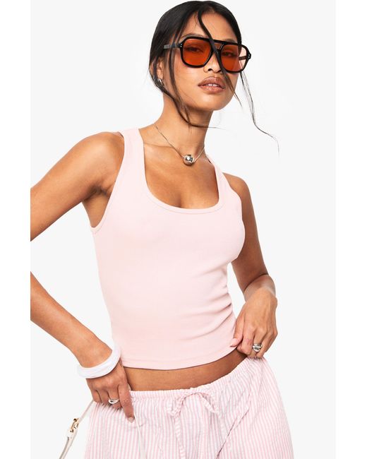 Boohoo Pink Basics Rib Scoop Neck Racer Back Vest Top