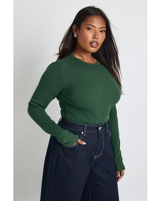 Boohoo Green Plus Basic Rib Long Sleeve Fitted Longline Top