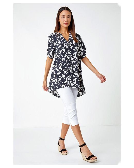 Roman Blue Abstract Print Dipped Hem Shirt