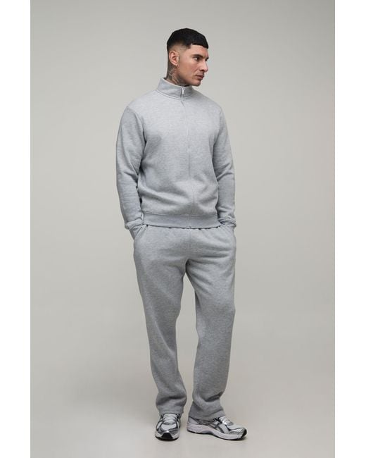 BoohooMAN Gray Tall Regular Funnel Zip Through Sweatshirt And Straight Leg Jogger for men